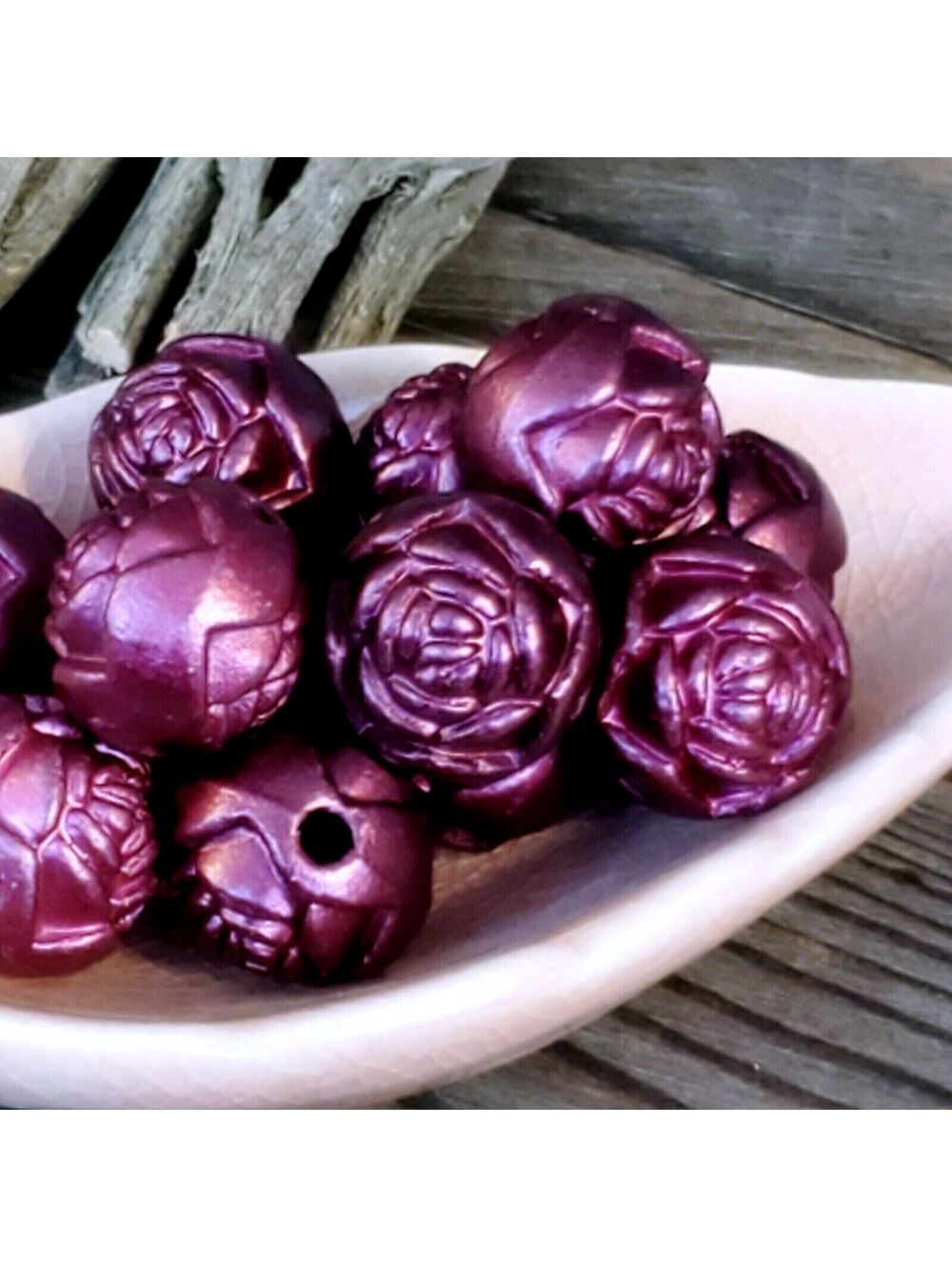 Vintage Retro Purple Satin Rosebud Flower 14mm Round Acrylic Beads 10 pcs